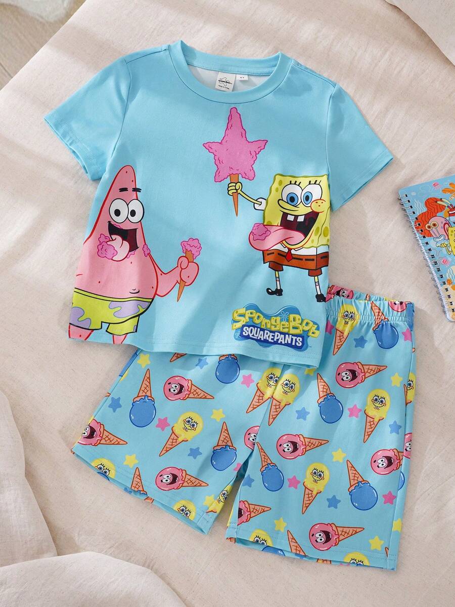 SpongeBob SquarePants | SHEIN Cartoon Print Crew Neck Short Sleeve Top And Shorts Pajama Set For Young Boy - Blue - View 1