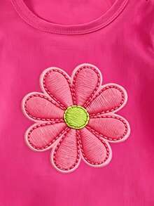 Girls' Casual Creative Floral Embroidered Graphic Tee, Comfortable Daily Wear, Suitable For Spring, Summer And Autumn - Hot Pink - View 3