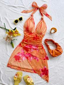 Soleia Đầm ngắn gợi cảm kiểu vintage ombre cổ chữ V buộc dây bằng vải lưới xếp ly bất đối xứng, thích hợp cho kỳ nghỉ của phụ nữ. - trái cam - Xem 4