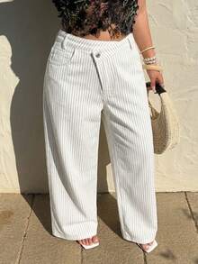 Sunnyshic Asymmetrical Waist Casual Vacation Striped Denim Pants - Black and White - View 1