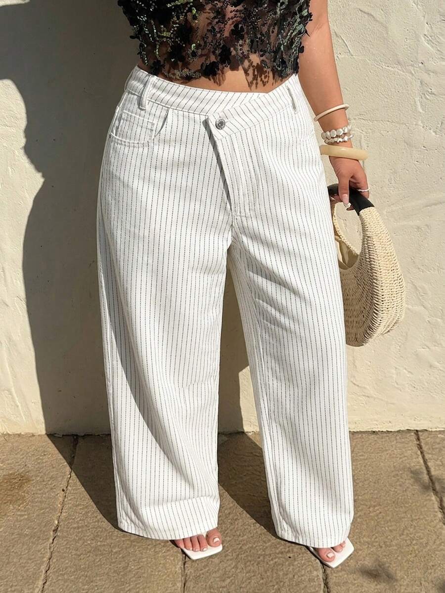 Sunnyshic Asymmetrical Waist Casual Vacation Striped Denim Pants - Black and White - View 1