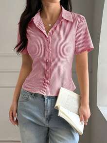 PariChic French Blouse, Short Sleeves, Blue/White Stripes, Fitted, Buttons. Elegant And Casual, Ideal For The Office Or University In Summer. - 粉色 - 查看 4