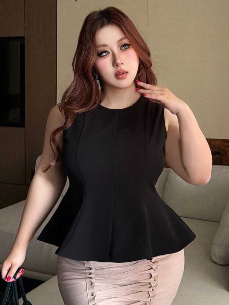 Dazy Plus Plus Size Women's Solid Color Fitted Waist Round Neck Sleeveless Elegant Formal Summer Tank Top, Black
