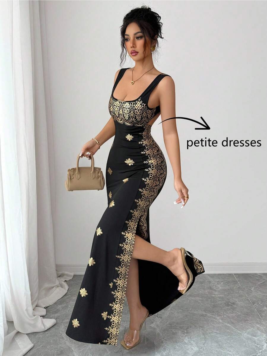 SHEIN PETITE 女士亮金色黑色夏季新款连衣裙，方领吊带露背开衩修身高腰连衣裙，适合派对、婚礼、商务宴会、日常场合、盛会、婚宴、节日装扮等。 - 黑色 - 查看 1