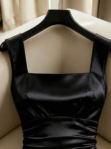 SHEIN Franclia Women Summer Elegant Black Satin Square Neck Suspender Pleated Dress,Autumn Night Out Party Dress,Wedding Guest Graduation Gown,Formal Office - Black - View 5