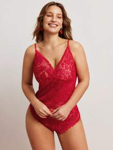 Elorette Conjunto de lencería sexy de encaje de unicolor talla grande - Rojo - Ver 3