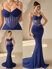Coutiva Women's Elegant Rhinestone Pleated Ruffle Mermaid Hem Formal Evening Gown - Navy Blue - View 8