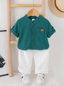 SHEIN LMoss Kids Bộ đồ đôi cho bé trai/bé gái, kiểu dáng đơn giản, tay ngắn và quần dài cạp chun, thích hợp cho kỳ nghỉ hè/thu. - Nhiều màu - Xem 1