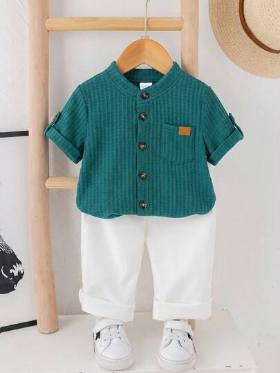 SHEIN LMoss Kids Conjunto de 2 piezas de camisa de manga corta de unicolor minimalista y pantalones de cintura elástica de unicolor para niño/niña, para vacaciones casuales, primavera/verano/otoño