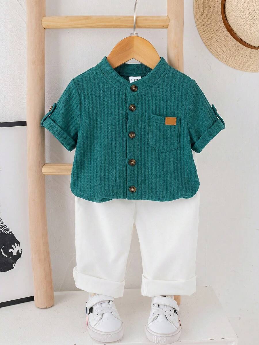 SHEIN LMoss Kids Bộ đồ đôi cho bé trai/bé gái, kiểu dáng đơn giản, tay ngắn và quần dài cạp chun, thích hợp cho kỳ nghỉ hè/thu. - Nhiều màu - Xem 1