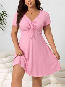 Solflare Plus Size Women's Pink Front Tie Short Sleeve Casual Dress, Spring/Summer - Pink - View 1