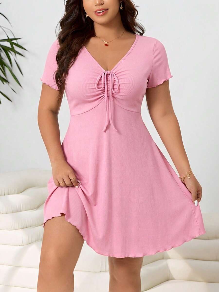 Solflare Plus Size Women's Pink Front Tie Short Sleeve Casual Dress, Spring/Summer - Pink - View 1
