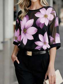 EMERY ROSE Women's Elegant Floral Print Round Neck Blouse, Summer - Purple - View 3