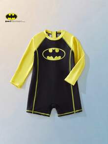 BATMAN X SHEIN Maija Kids 男童圆领撞色休闲度假长袖泳衣套装（含短裤） - 黑色 - 查看 5