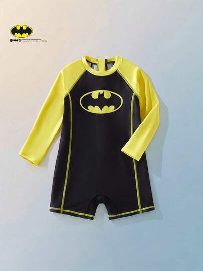 BATMAN X SHEIN Maija Kids 男童圆领撞色休闲度假长袖泳衣套装（含短裤）