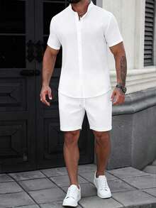 Manfinity Homme 男士純白色夏季休閒度假兩件套，短袖領鈕扣襯衫與抽繩短褲套裝，老錢風復古正式風格 - 白色 - 查看 6