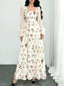 Modelyn Đầm maxi tay phồng cổ vuông họa tiết hoa nhí, thắt eo thanh lịch, thích hợp cho kỳ nghỉ hè và mặc hàng ngày, đầm maxi chiffon màu mơ nhạt họa tiết hoa. - Nhiều màu - Xem 4