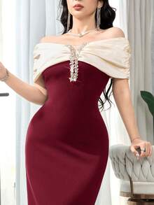 Feyla Women's Color Block Rhinestone Decor Off Shoulder Fitted Long Dress - Burgundy - View 6