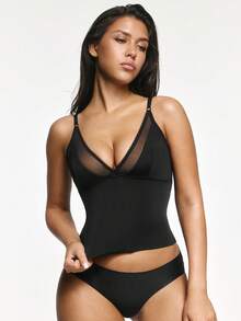 SHAPORA Seamless Padless Adjustable Strap Solid Color Lace Trim Front Mesh Base Top - Black - View 6
