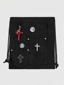 ROMWE Grunge Punk 1 pieza Mochila de lona con cordón Y2K estilo gótico con cruz de strass - Mochila casual de calle estilo punk oscuro con decoración de cruz y múltiples bolsillos de gran capacidad, adecuada para festivales de música y conciertos, academias y uso diario, Halloween - Negro - Ver 2