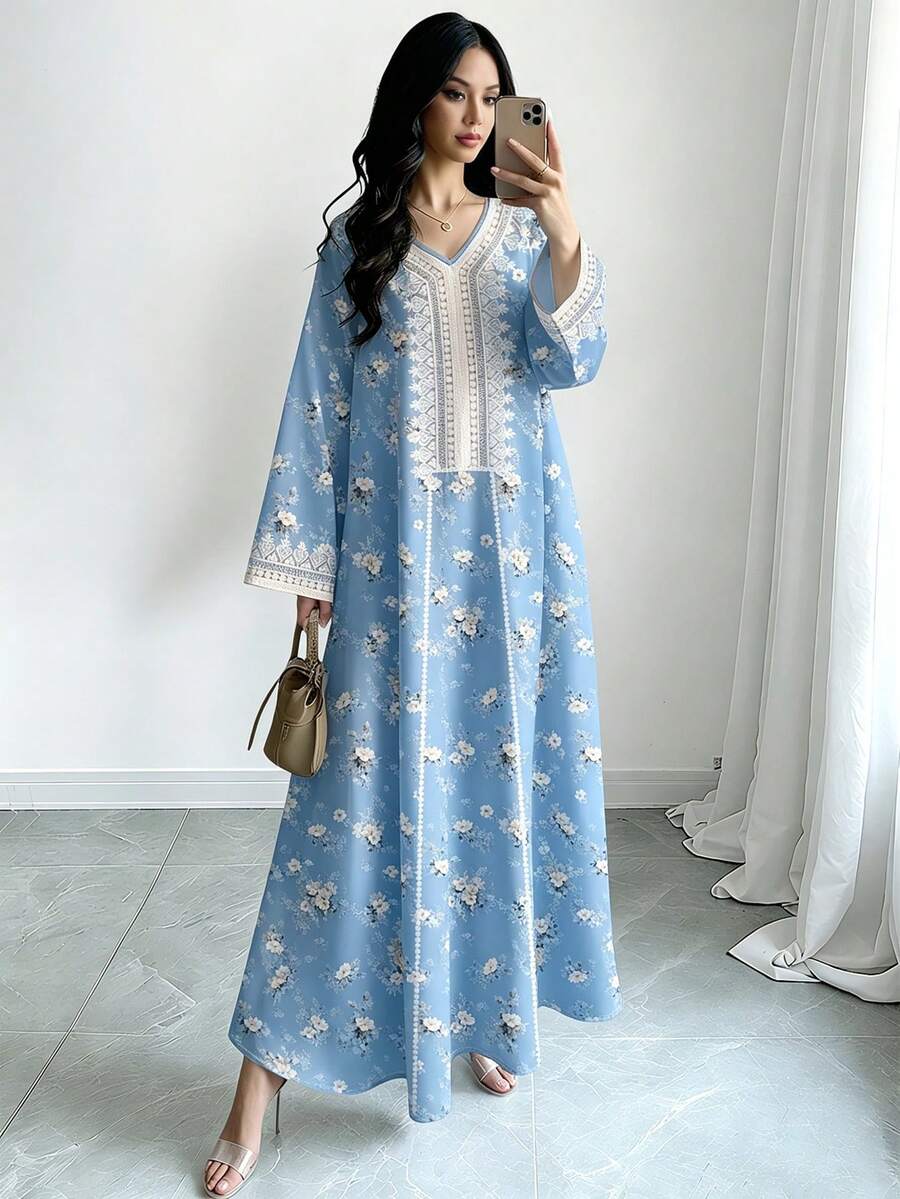 SHEIN Najma 碎花V领长袖连衣裙,女士优雅碎花长裙,春夏长裙,阿拉伯风格女装 - 彩色 - 查看 1