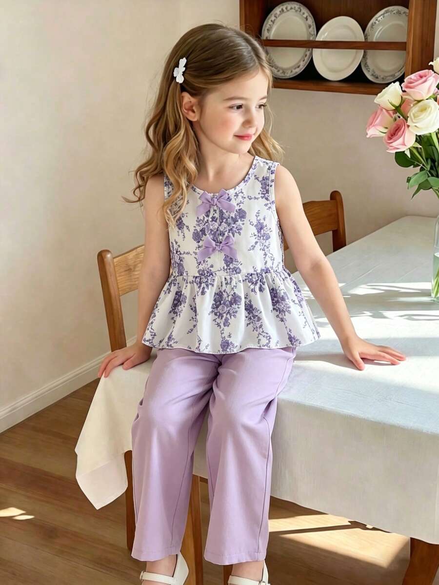 SHEIN Vintaside Kids 女童夏季新款碎花两件套,紫色蝴蝶结装饰无袖上衣+配套阔腿裤,甜美可爱休闲装,夏季 - 紫色 - 查看 1