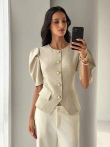 Aloruh Áo blazer tay phồng trang trí kim loại dành cho nữ mùa xuân/hè - Màu Khaki - Xem 5