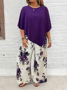 EMERY ROSE Conjunto informal de mujer talla grande con top de cuello redondo de unicolor y pantalones de pierna ancha con estampado floral - Multicolor - Ver 3