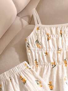 SHEIN Elladie kids Bộ 2 món dễ thương cho bé gái: áo hai dây và quần ống rộng, họa tiết hoa vàng, trang phục đi biển thường ngày. - Màu vàng - Xem 6
