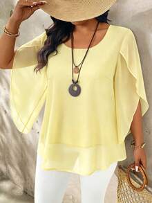SHEIN LUNE Plus Size Women's Plus Size Cap Sleeve Sheer Slim Fit Blouse - Yellow - View 4