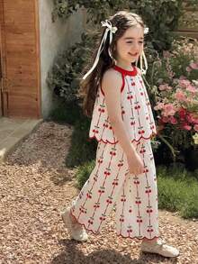 SHEIN Vintaside Kids 女童夏季黑白甜美清新蝴蝶结印花吊带上衣搭配阔腿裤套装，宽松舒适，适合日常外出、休闲旅行、家庭聚会和与朋友聚会。 - 紅色 - 查看 4
