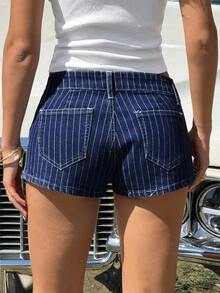 SHEIN EZwear Quần short denim cạp thấp kẻ sọc xanh dương dành cho nữ, thích hợp cho mùa hè. - Rửa tối - Xem 2