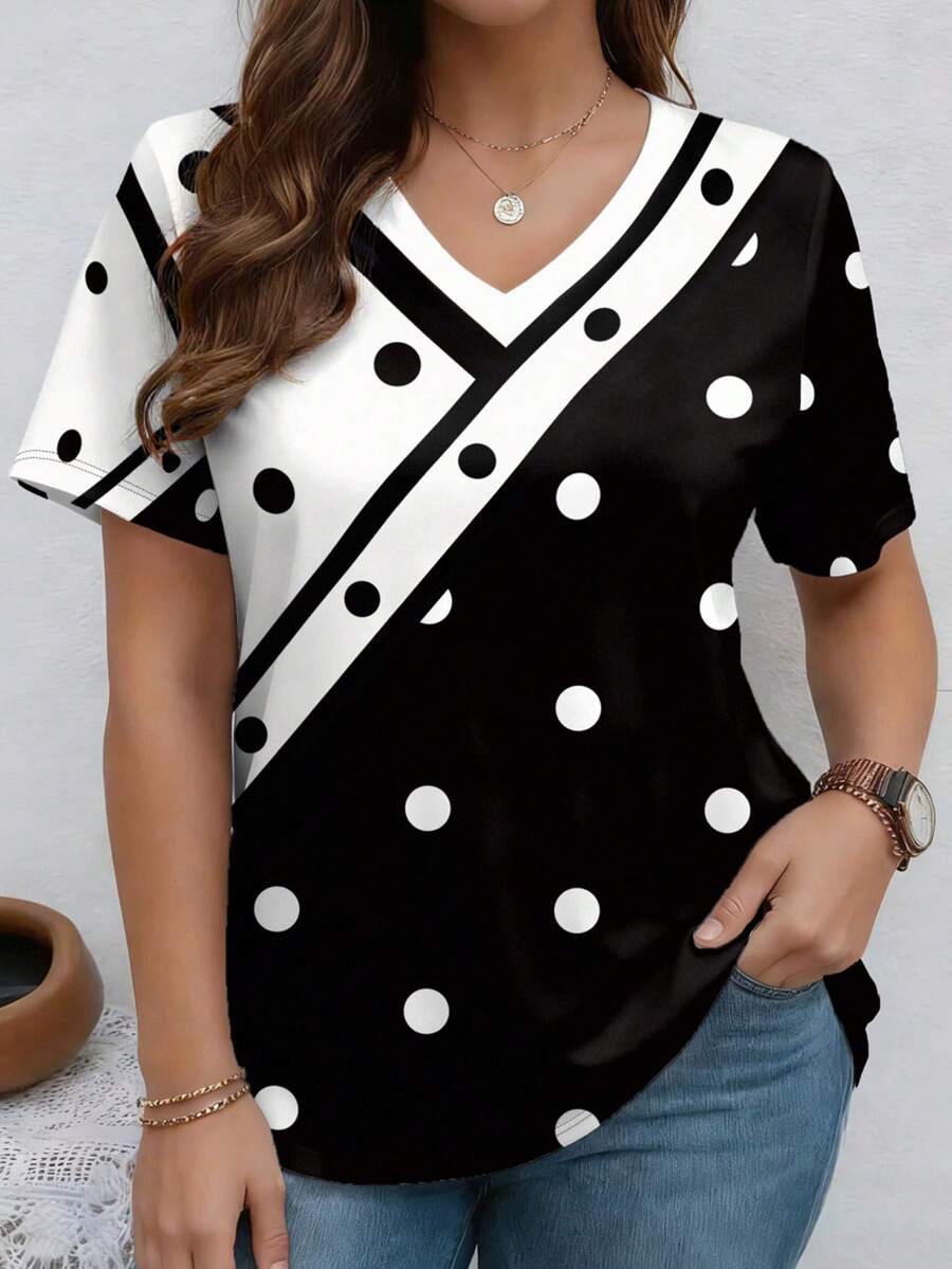 EMERY ROSE Polka Dot Patchwork V-Neck Short Sleeve Casual Plus Size T-Shirt - Multicolor - View 1