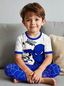 SHEIN Baby Boy Casual Slim Fit Round Neck Comfortable Short Sleeve Pants Pajamas, Suitable For Spring & Summer - Multicolor - View 2