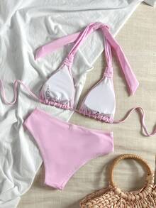 Bonvoyette Women's Elegant Casual Vacation Halter Bikini Set, Handmade Rope Island Pool Party Swimsuit - Pink - View 3
