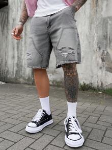 Artur Kramer Pantalones cortos de mezclilla con bolsillos, borde deshilachado y rasgados, de moda para hombres - Gris Claro - Ver 4