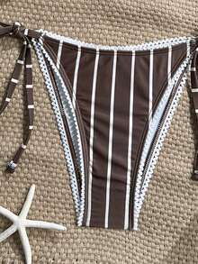 Swim Vcay Women's Brown Stripe Bikini Set, Summer Beach Vacation Holiday Casual Sexy 2 Pieces Swimwear With Lace Triangle Halter Neck Top Side-Tie Bottom - Multicolor - View 8
