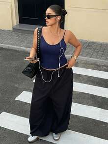 Dazy Plus Solid Color Elastic Fitted Cropped Camisole, Spring/Summer - Navy Blue - View 3