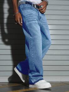 Manfinity EMRG Men's Casual Commuter Pants, Loose Straight Wide Leg Cement Gray Washed Design - Light Wash - View 3