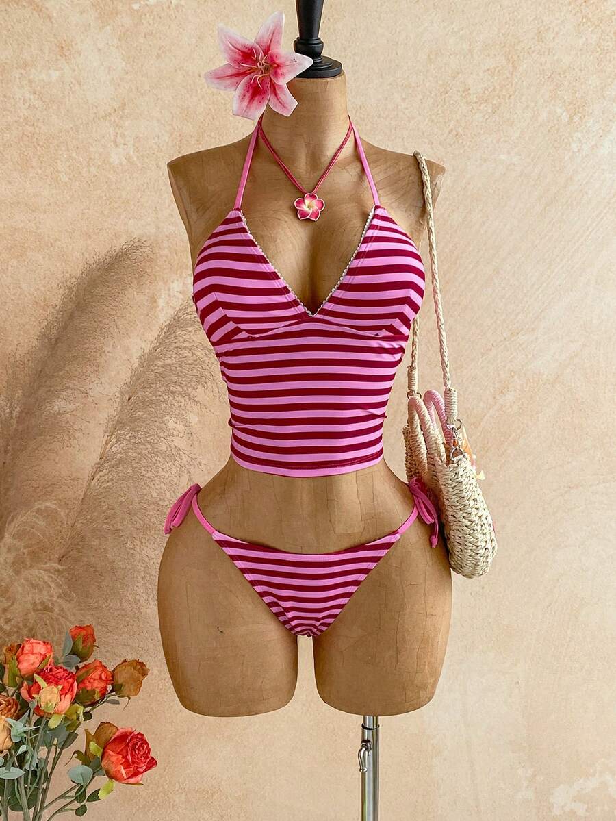 Soleia Bộ đồ bơi tankini buộc dây cổ kiểu dáng thường ngày kẻ sọc dành cho nữ, thích hợp đi biển mùa hè. - Nhiều màu - Xem 1