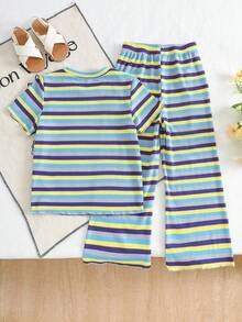 Elladie kids Young Girls Colorful Textured Striped T-Shirt & Flare Pants 2-Piece Set,Knitted Short Sleeve Round Neck Top,Casual Summer Wear,Family Matching - Multicolor - View 2