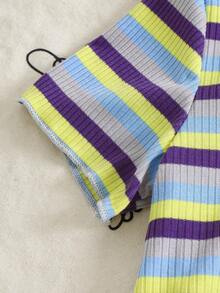Elladie kids Young Girls Colorful Textured Striped T-Shirt & Flare Pants 2-Piece Set,Knitted Short Sleeve Round Neck Top,Casual Summer Wear,Family Matching - Multicolor - View 8