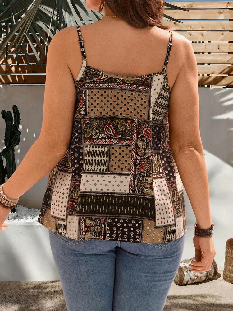 Plus Size Women's Summer Casual Vacation Country Patchwork Print  Ditsy Floral Print Camisole Tank Top,Casual Holiday Style,Summer Outfits For Women ,Vacation Outfits Women ,Holiday Outfits For Women,Going Out Outfits, New Clothes,Simple And Fashionable For Everyday Wear,Suitable For Summer, Vacation, Daily Wear, Festival Outfits For Women,Country Concert Outfit,Beach Outfits For Women,Western Style,Gifts For Mother,Boho  Vest