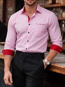 Manfinity Mode Men's Single-Breasted Casual Versatile Commuting Long Sleeve Formal Shirt, Ceremony - Baby Pink - View 1