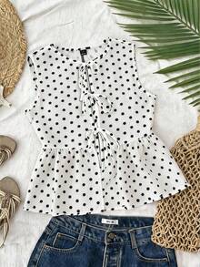 Travachic Camiseta de tirantes de mujer con estampado de lunares tejidos, primavera/verano - Blanco y Negro - Ver 1