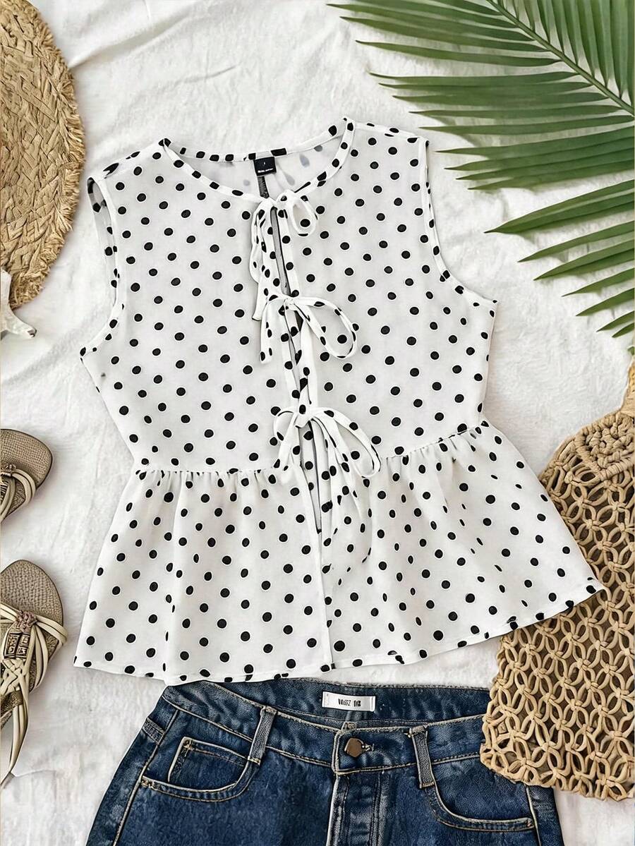 Travachic Camiseta de tirantes de mujer con estampado de lunares tejidos, primavera/verano - Blanco y Negro - Ver 1