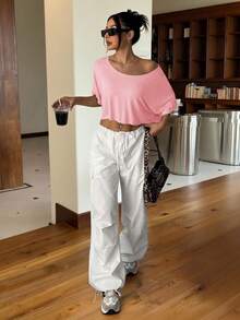 SHEIN EZwear 舒适性感露肩休闲粉色针织宽松不对称领T恤，时尚别致 - 粉色 - 查看 6