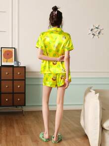 Chillnights SpongeBob SquarePants | SHEIN Cute & Fun Printed Comfortable Polo Collar Button-Front Short Sleeve Top And Shorts Women Pajama Set - Yellow - View 2