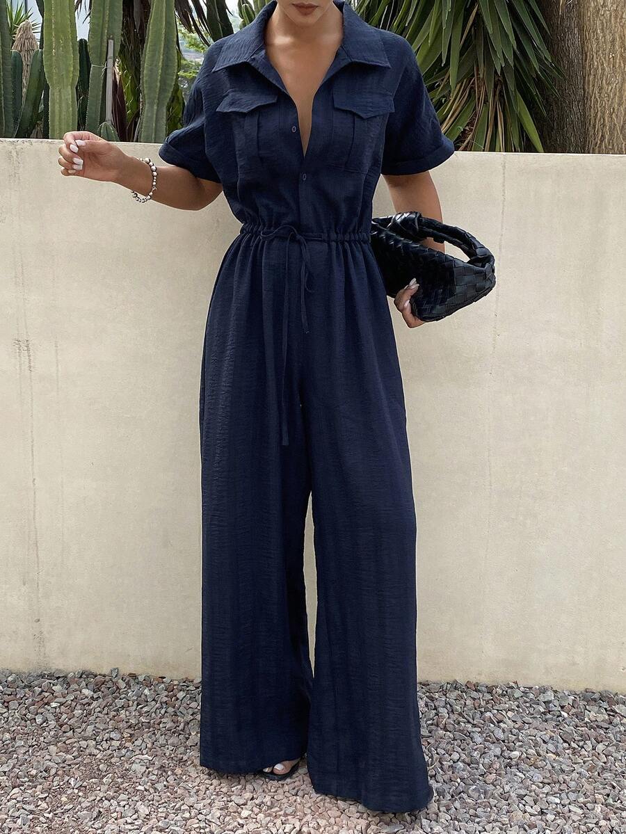 Livesso 女款藍色西裝褲,商務休閒辦公穿搭,情人節、婚禮、休閒與度假,襯衫風直筒褲連身褲 - 藏蓝色 - 查看 1