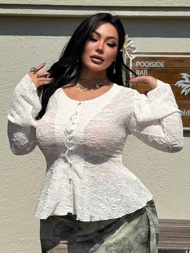 Dazy Plus Spring & Summer Casual Fashionable White Cardigan With Flared Sleeves, Ruffled Hem, Textured Pleated Details, Fitted Silhouette, Elegant For Valentine's Day, Wedding, Party, Plus Size White Lace Blouse